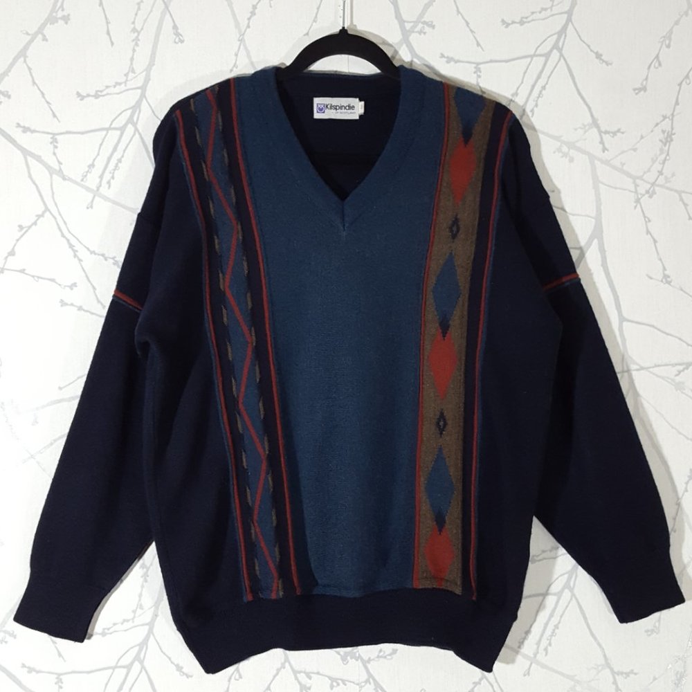 Kilspindie of Scotland VTG Wool Blend Geometric Knit V-Neck Sweater